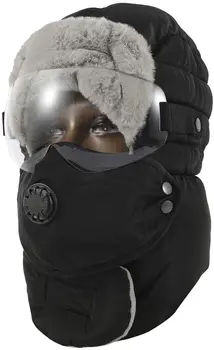 

3 in 1 Winter Trooper Trapper Hat, Warm Thick Bomber Hat with Ear Flap Full Face Neck,(Black, with Clear glasses)