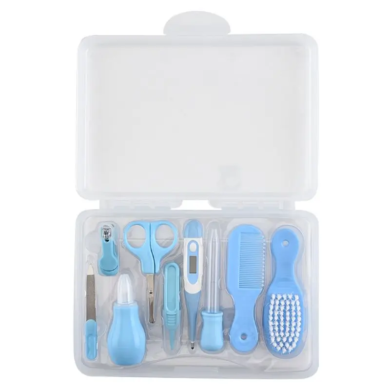 9pcs/Set Baby Care Set Infant Grooming Kit Newborn Combing Care Safety Cutter Nail Care Set Nursery Baby Healthcare Kit Blue/Pin - Color: Blue