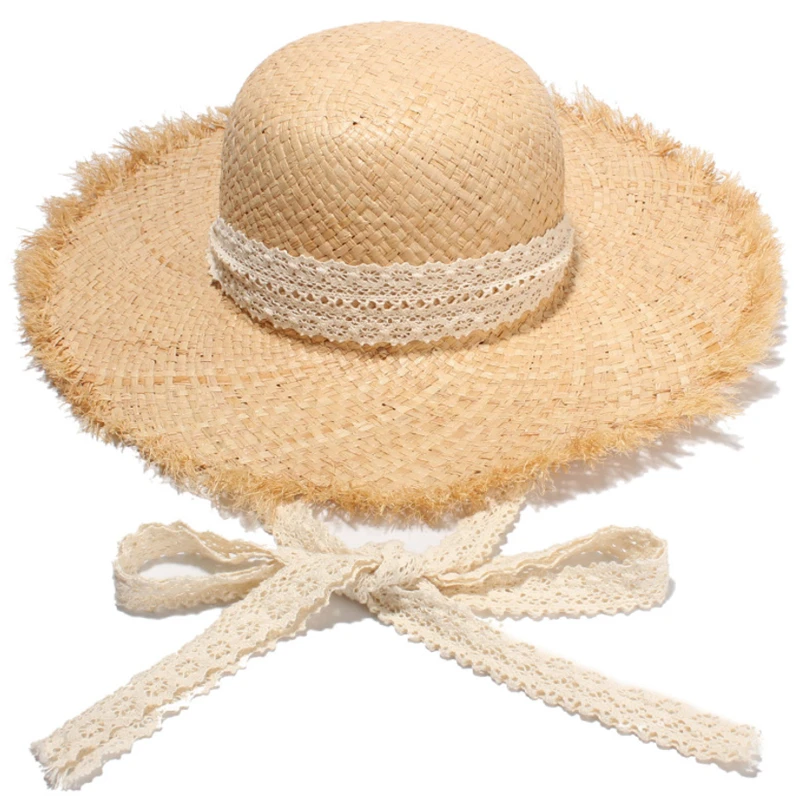 

Simple Handmade Women Straw Sun Hats Large Wide Brim Gilrs High Quality Natural Raffia Panama Beach Straw Sun Caps For Holiday