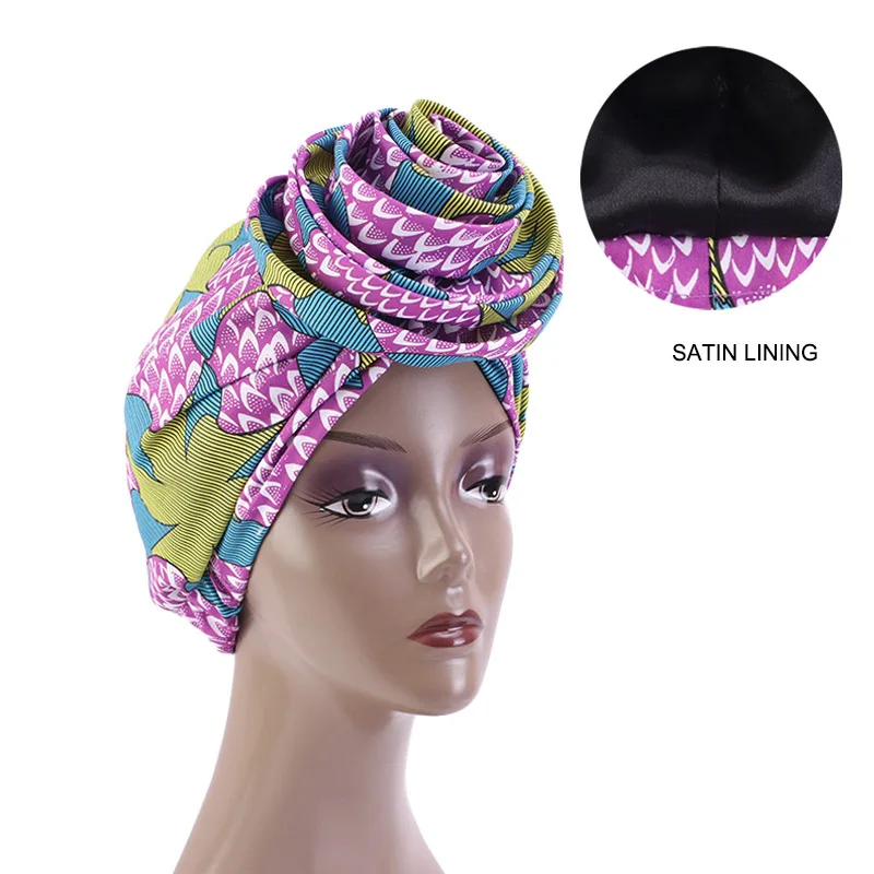 New african print stretch bandana head wrapfloral ankara bonnet satin linned beanie headscarf turban headwear hair