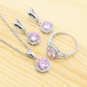 

Classic Silver Color Jewelry Sets for women Round Pink Cubic Zircon Earrings Pendant Necklace Ring Christmas Gift