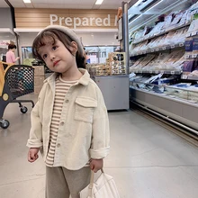 Однотонная белая Вельветовая рубашка с длинными рукавами для девочек детские повседневные куртки из чистого хлопка для малышей, блузка Топ для отдыха для малышей