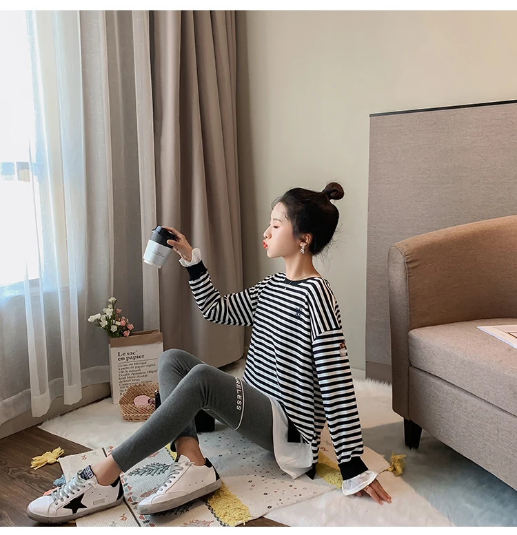 Maternity Autumn Clothes Embroidery Long Sleeve O-Neck Fleece Patchwork Striped Pregnant Women Sweatshirts Loose Cotton Hoodies