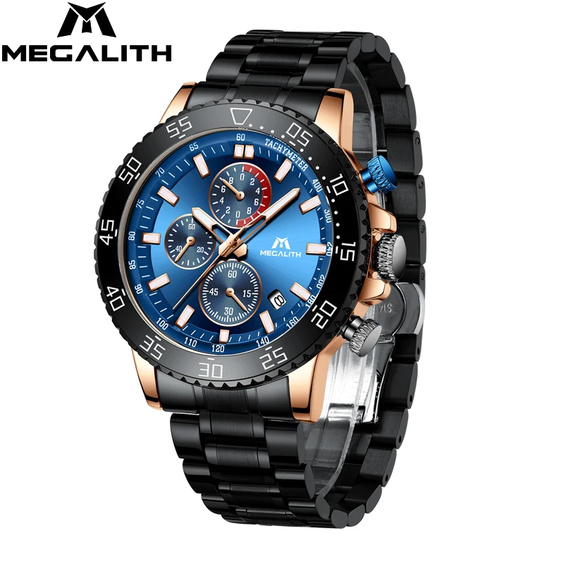 steel black blue MEGALITH, деловые часы для мужчин, люксовый бренд, нержавеющая сталь, кварцевые наручные часы, хронограф, армейские военные часы, Relogio Masculino - Цвет: steel black blue
