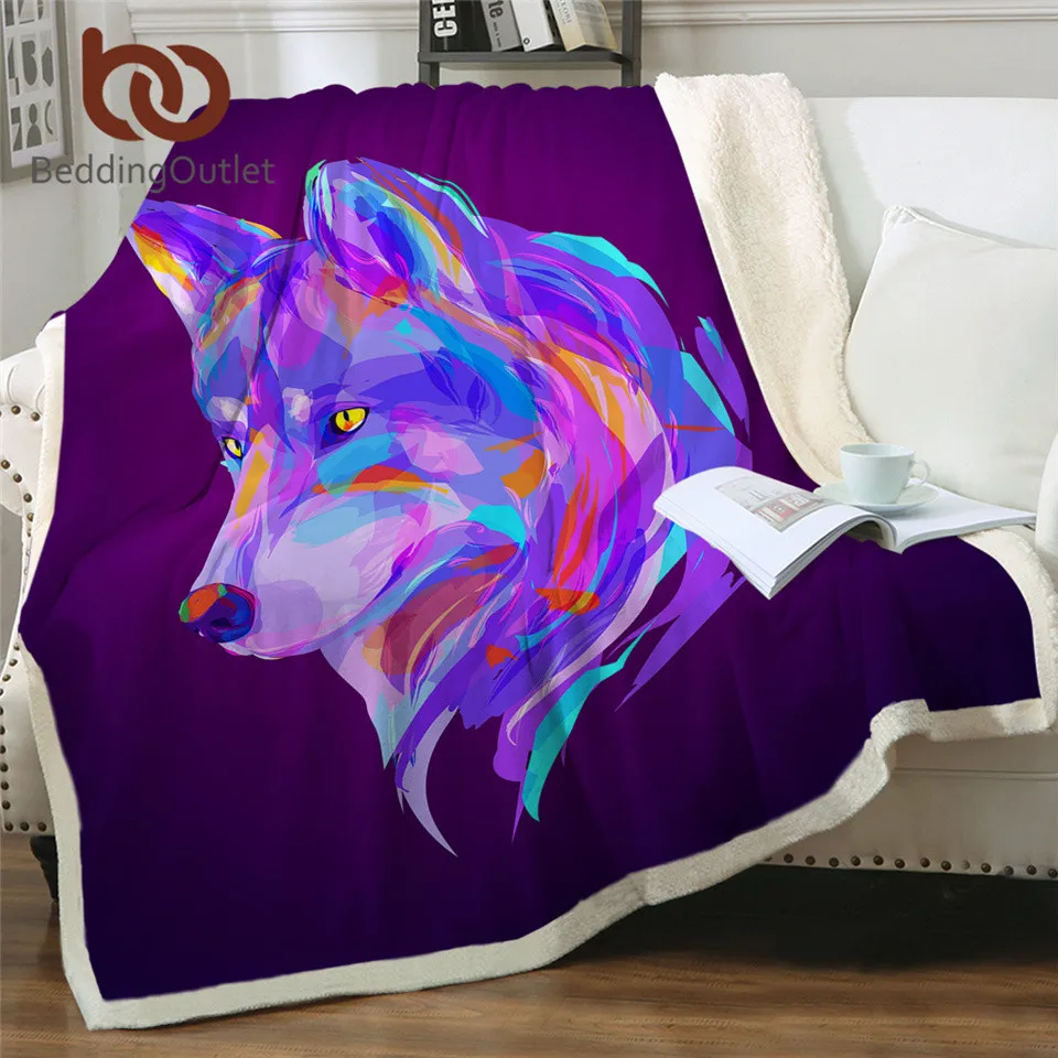 Постельные принадлежности Outlet волк пушистое одеяло голова животного пледы одеяло акварель Зебра Тигр Панда шерпа Флисовое одеяло фиолетовые покрывала