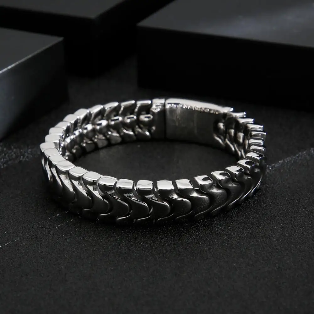 Fongten Silver Color Shiny Men Bracelet Stainless Steel Bone Chain Bangle Bracelets For Men Charm Jewelry Christmas Gifts