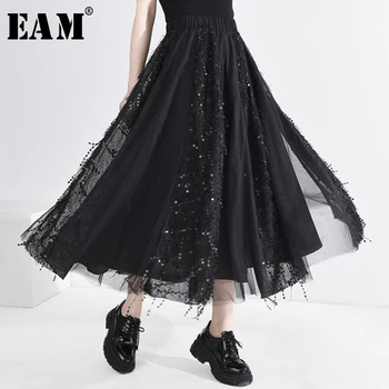 

[EAM] High Elastic Waist Black Sequins Mesh Elegant Long Half-body Skirt Women Fashion Tide New Spring Autumn 2020 1T58501