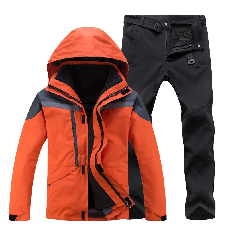orange black TRVLWEGO, мужской лыжный костюм для улицы, набор зимних походов, лыж, водонепроницаемая куртка, Флисовая теплая, для рыбалки, треккинга, лыжная куртка+ штаны, разные цвета - Color: orange black