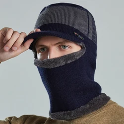 HT3869 New Winter Hat Scarf Set Men Thick Warm Knitted Hat with Scarf Male Riding Ski Earflap Cap Double Layers Winter Accessory