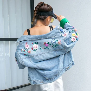 

Ladies tide brand embroidered denim jacket women loose bf retro hip-hop style large size loose slim denim jacket women