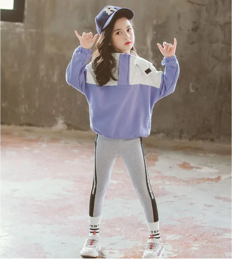 Autumn Sport Suit For Girls 4-12 Years Colorblock Cotton Deep V Hoodie Sweatshirt+Letter Slimming Pants Set Kids Child Tracksuit