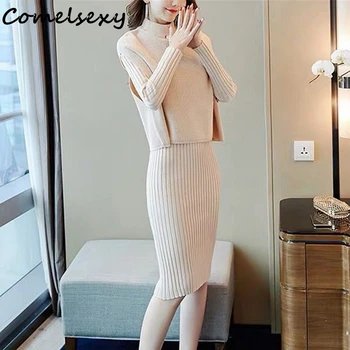 

Casual Fashion Ladies Sets Outfits 2020 Autumn Knitted Elegant Two Piece Sets Women Sleeveless Tops + Long Sleeve Dress Suits