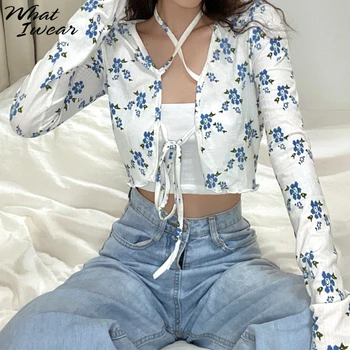 

Women floral print T-shirts two pieces Bohemia Long Sleeve tops Girl shirts Vintage autumn Crop Top Female Women's t-shirts