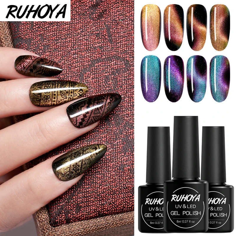 Ruhoya 5D Cat Eye Nail Gel Polish 8ml Magnetic Soak Off UV Varnish gem Art | Красота и здоровье