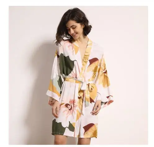 New Sleepwear Robe Spring Thin Cotton-silk Women Nightgown Flower Printed Long-sleeve Pajamas Bathrobe for Female