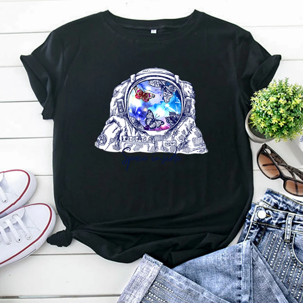 Astronaut Butterfly Personality Letters Print Women T Shirt Fashion Oversized Clothing Casual High Quality T-Shirt For Woman