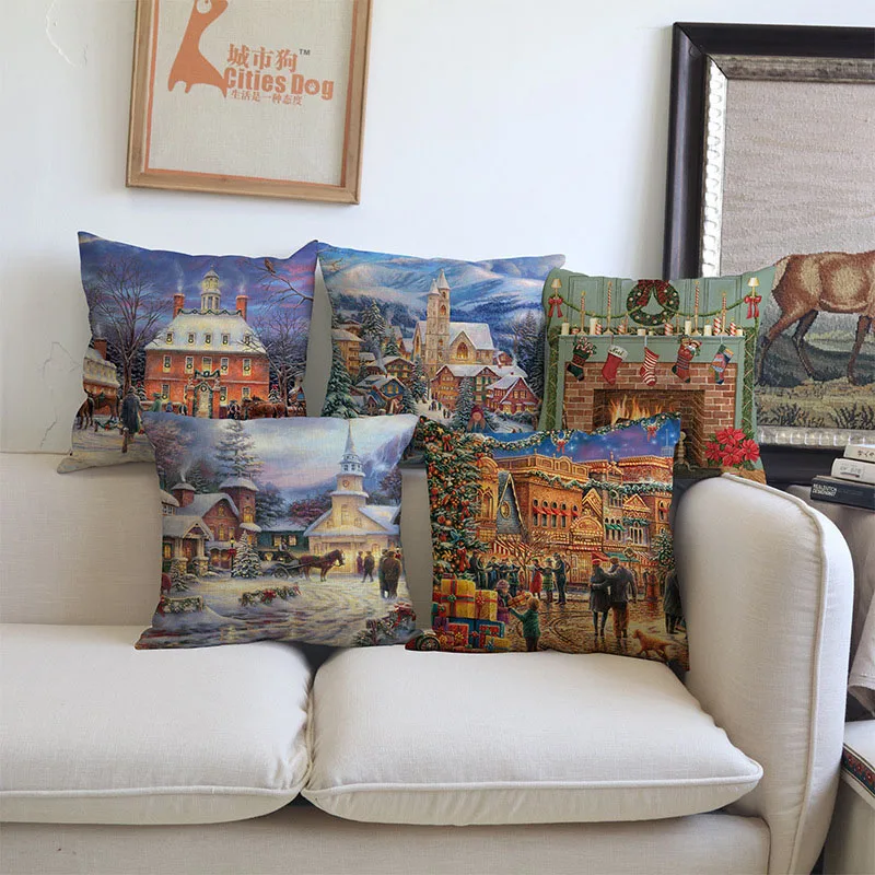 

European Retro Vintage House Merry Christmas In Snow Ornaments Pattern Throw Pillow Case Sofa Holiday Decorative Cushion Cover