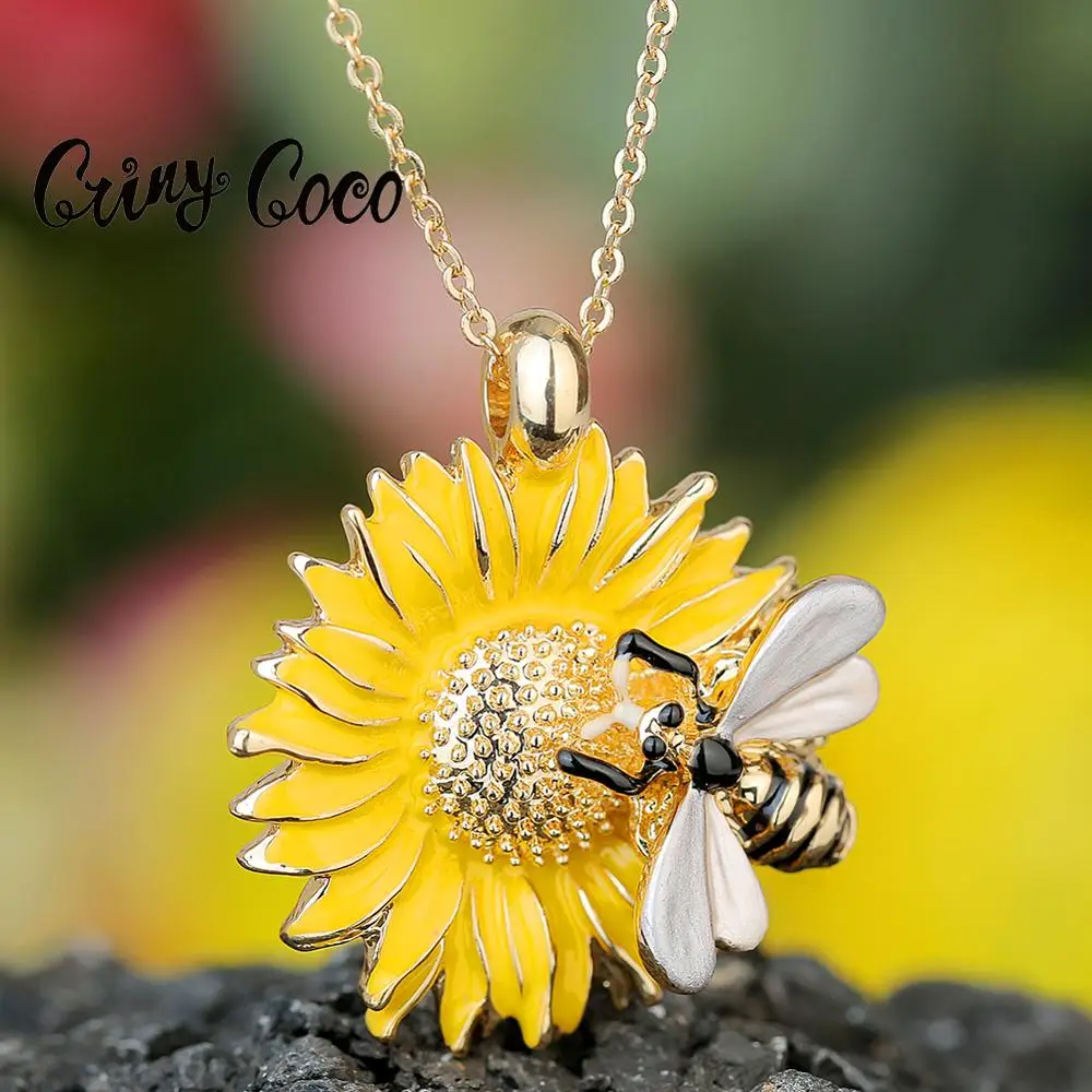 CreativeDesignBeePendantNecklaceFashionGoldPlatedYellowEnamelSunflowerDaisyChains