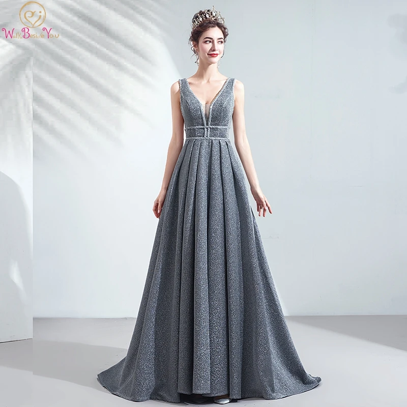 Серебряные вечерние платья трапециевидной формы, светоотражающие ткани, Украшенные бусинами, плиссированные, v-образный вырез, vestidos de noche elegantes, платье для выпускного вечера, прогулки рядом с вами