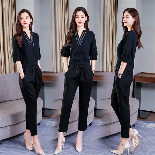 

2019 Summer Elegant Slim Fit Slimming Comfortable Solid Color Printed Retro Two-Piece Set