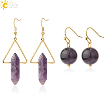 

CSJA Natural Stone Crystal Earrings Set Pointed Hexagonal Column Reiki Round Ball Gold Color Dangle Earrings Female Jewelry G516