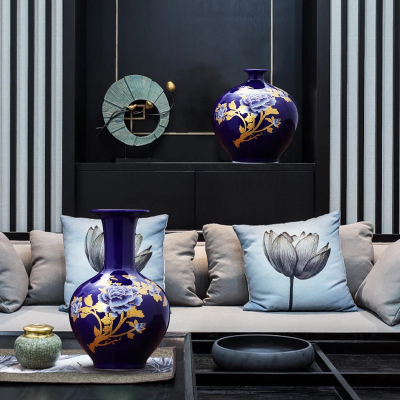 

Jingdezhen Ceramics Porcelain Bottle Vase Decoration Chinese Style Tracing Gold Blue Black Traditional Craft Handmade 16 Models