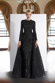

Black Muslim Evening Dresses Mermaid Long Sleeves Tulle Appliques Moroccan Kaftan Dubai Saudi Arabia Long Prom Dress Gown