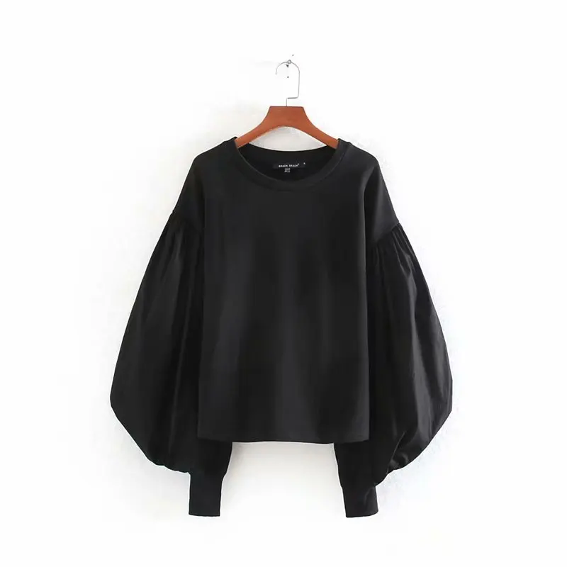  2020 Women casual lantern sleeve patchwork chic black sweatershirts ladies long sleeve basic knitti