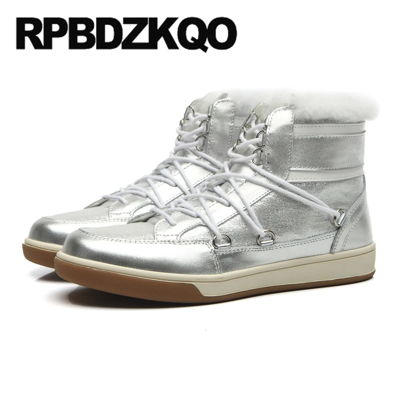 

Real Fur Fluffy Lace Up Silver New Round Toe Booties Luxury Winter Snow Boots Women Ankle Genuine Leather Shoes Australian Brand