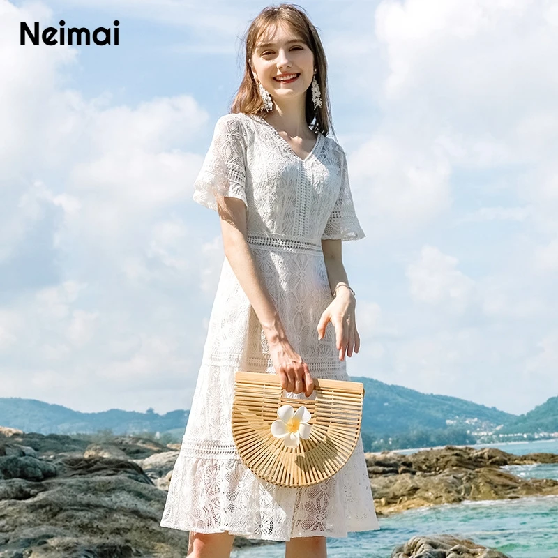 

Neimai Summer Lace Beach Dress v Neck White Elegant Modis Korean Casual Vestido Midi New Arrival Sun Cute Ropa Mujer Elbise Jurk