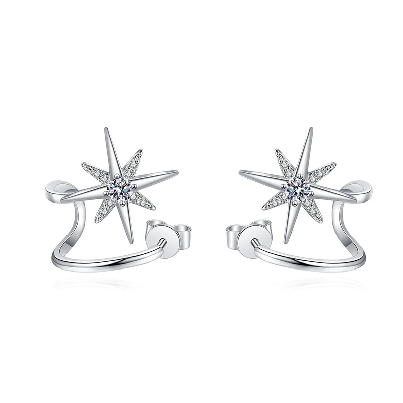 0.28CT Moissanite Star Climber Cuff Earring Sterling Silver Twist Crawler Cuff Earrings Snowflake Ear Studs for Women Jewelry