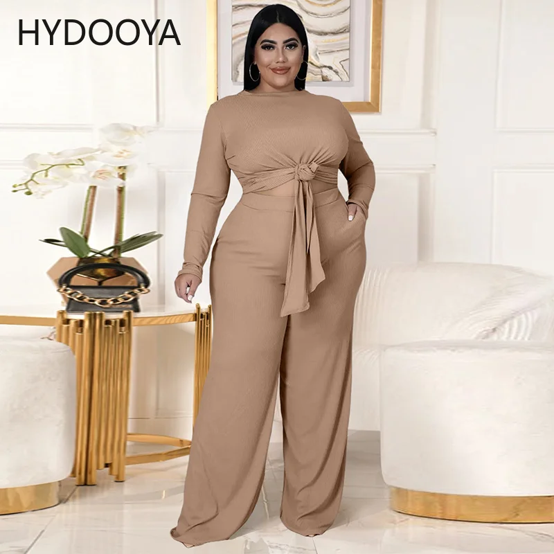 Plus Size Two Piece Sets Women Clothing Knitted Ribbed Casual Long Sleeve Bandage Crop Top+wide Leg Pants Dropshipping Wholesale