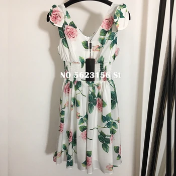 

High-end women dress silk luxury series flower print deep V-neck lady dresses party dress