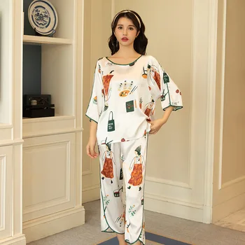 

Satin 2PCS Sleep Set Nightwear Pajamas 2020 Spring New Intimate Lingerie Female Print Sleepwear Casual Kimono Bathrobe Gown