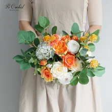 PEORCHID Оранжевый Белый Искусственный Свадебный букет эвкалипта невесты цветок Свадебный букет из роз искусственная желтая пион букет