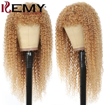 

Kinky Curly Human Hair Bangs Wig Full Machine Made Wigs With Bangs Honey Blonde Hair Wigs For Black Women Remy Hair Wig 150%