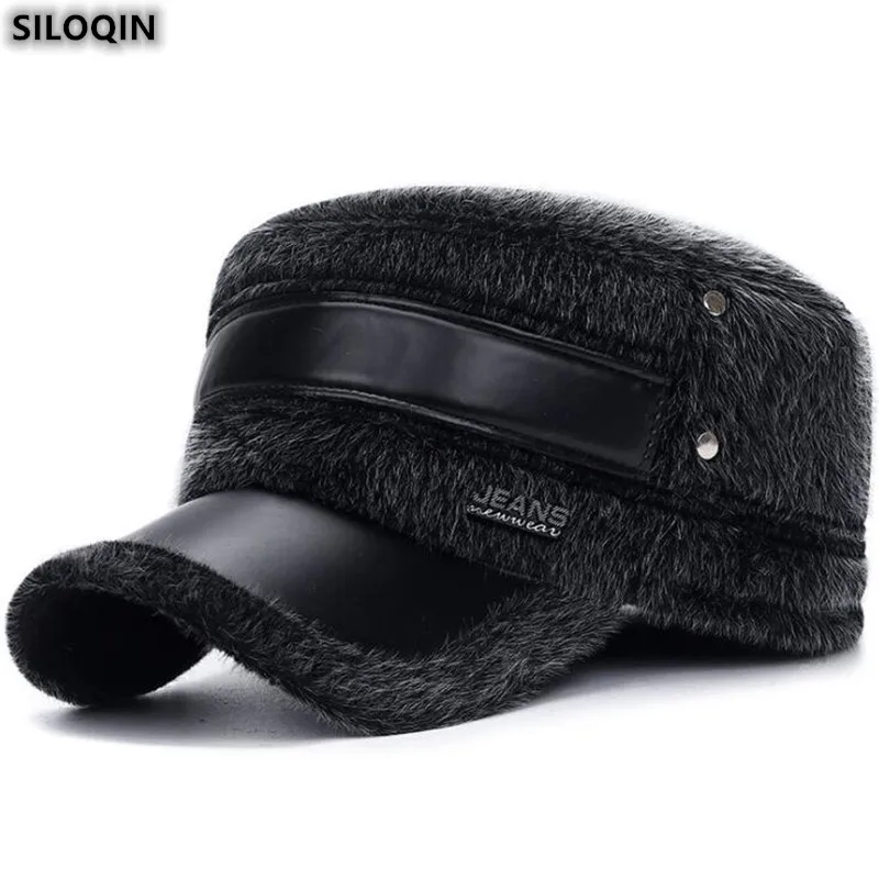 SILOQIN New Earmuffs Velvet Military Hats For Men Adjustable Size Fashion Imitation Hair Thermal Flat Cap Dad's Trend Winter Hat |