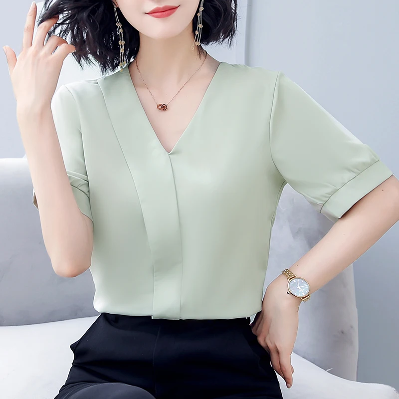 Korean Chiffon Women Blouses Women Solid V-neck Shirt Tops Blusas Mujer De Moda 2020 Woman White Blouse Woman Tops Plus Size XL