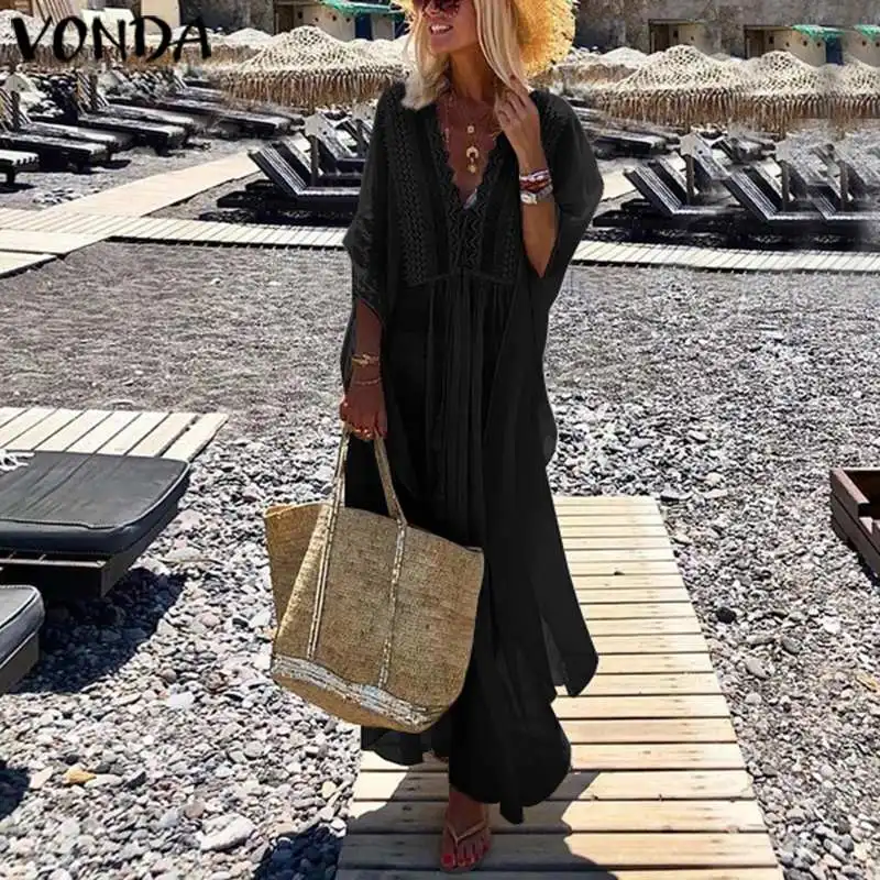 Богемное платье размера плюс VONDA, женское летнее Открытое платье с глубоким v-образным вырезом, винтажные вечерние длинные платья с рукавом 3/4, праздничные платья S-5XL