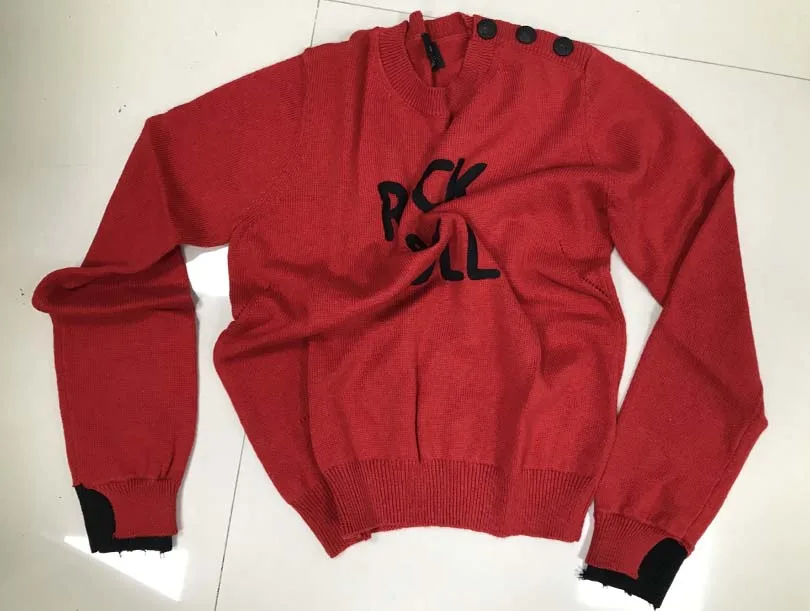 

Women Sweater 2019 Red Intarsia Letter Shoulder Button O Neck Wool Sweaters