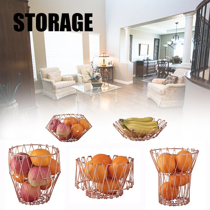

Newly Flexible Wire Basket Foldable Fruit Bowls Rose Golden Kitchen Storage Organization Bread Holder TE889