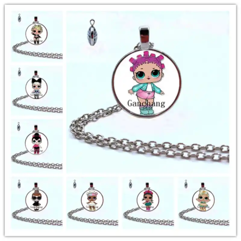 Мультяшное ожерелье с изображением куклы LOL милое детское блестящее платье принцессы куклы двухстороннее ожерелье из стекла аниме для дете...