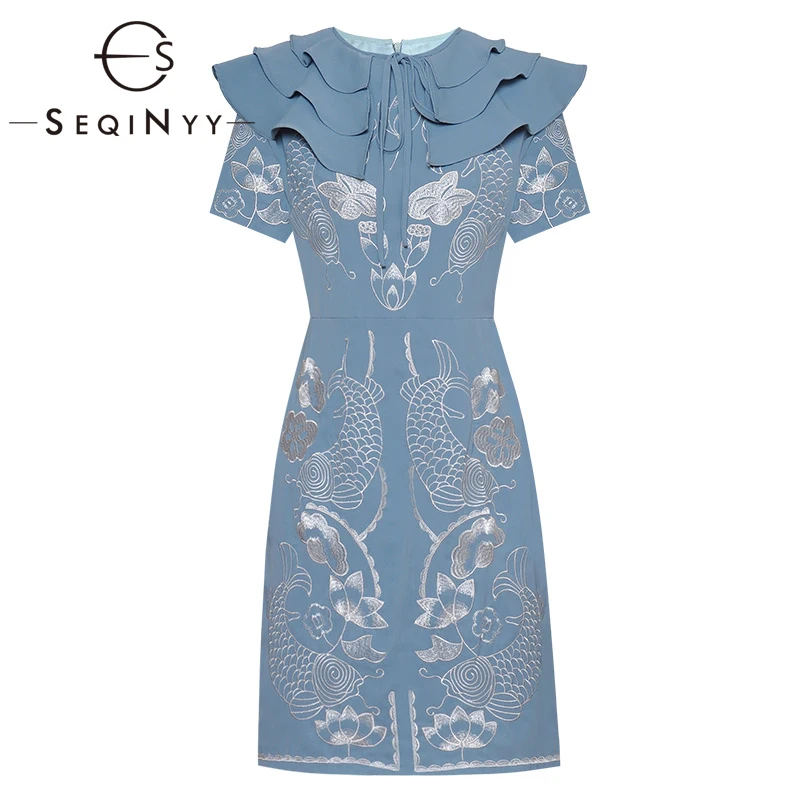 

SEQINYY Blue Dress 2020 Summer Spring New Fashion Design Women Short Sleeve Ruffles Embroidery Fish Flower Mini Slim Dress