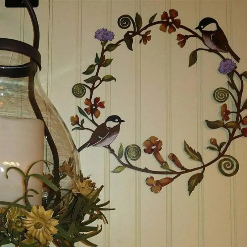 Flowers Wreath Wall Art Bird Garland Metal Hanging Wreath for Door Wall Farmhouse Decoration