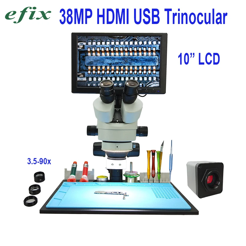 

efix 3.5-90X HDMI USB 10" 38MP Soldering Microscope Camera C-Mount Lens Trinocular Stereo Zoom LCD Workbench Stand Repair Tools
