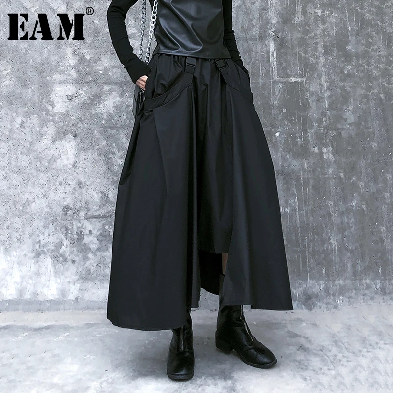 

[EAM] High Elastic Waist Black Pocket Asymmetrical Temperament Half-body Skirt Women Fashion Tide New Spring Autumn 2020 1R108