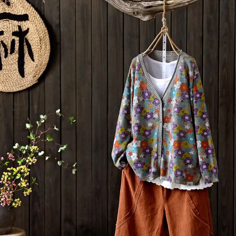 Осень стиль искусства женский длинный рукав кардиганы однобортный цветочный принт вязаный винтажный свитер женский вязаный Топ D482 - Цвет: gray