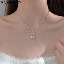 Женское блестящее ожерелье с бабочкой ANENJERY, Двухслойное ожерелье из стерлингового серебра 925 пробы, ювелирное изделие S-N173 Женское блестящее ожерелье с бабочкой ANENJERY, Двухслойное ожерелье из стерлингового серебра 925 пробы, ювелирное изделие S-N173