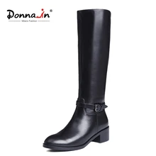 Donna-in Luxury Calfskin Knee High Boots Women Middle Heels Natural Wool Fur Winter Snow Boot Genuine Leather Female Shoes