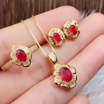 

Engagement Best Gift Natural Ruby jewelry set Natural Real Ruby 925 sterling silver 1pc pendant,1pc ring,2pcs Earring
